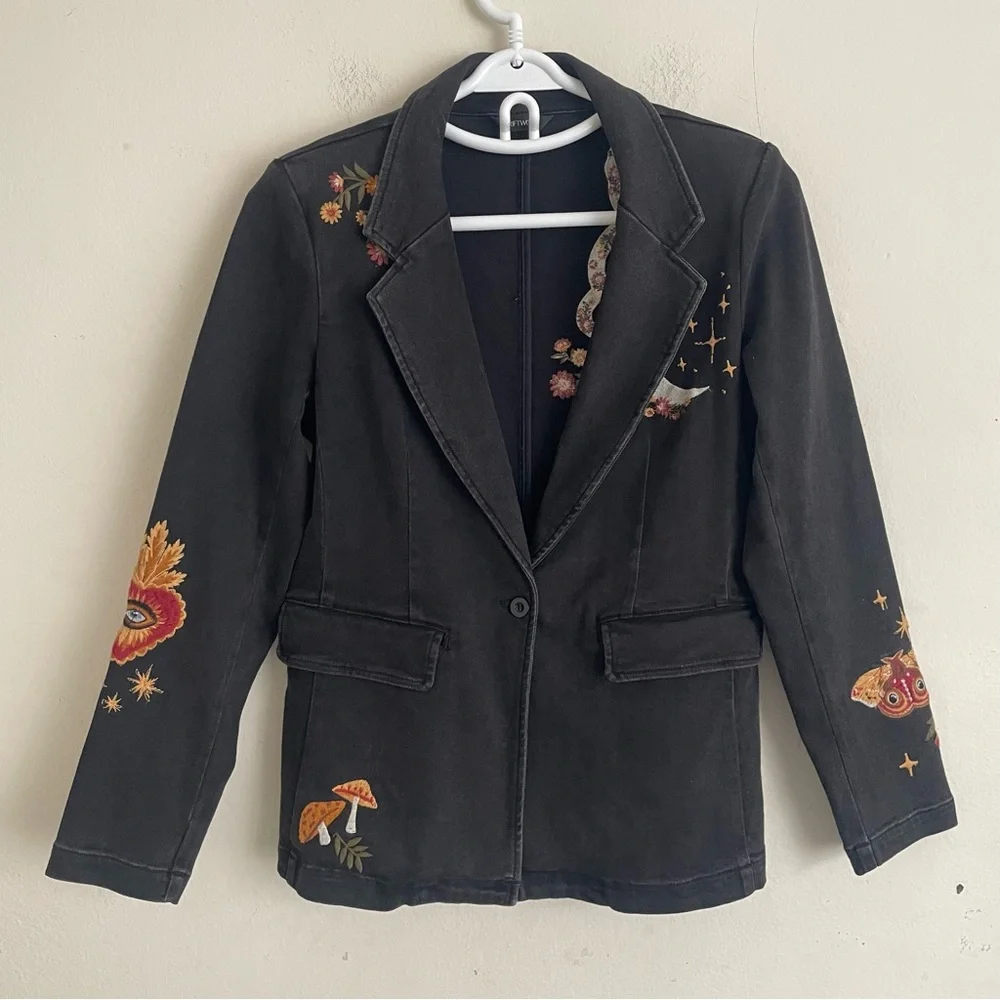 Driftwood Hallucinations Embroidered Denim Blazer Jacket Black M Moon Snake - Picture 2 of 6